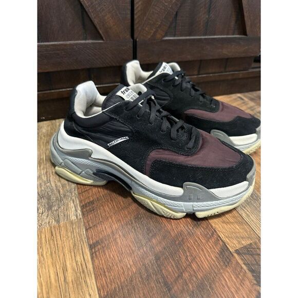 Balenciaga Triple S Black/Noir/Bordeaux/Burgundy Suede Nylon Men’s Size 6US - Picture 8 of 15